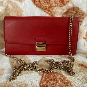 Furla Red Leather Clutch with Removable Gold Chain